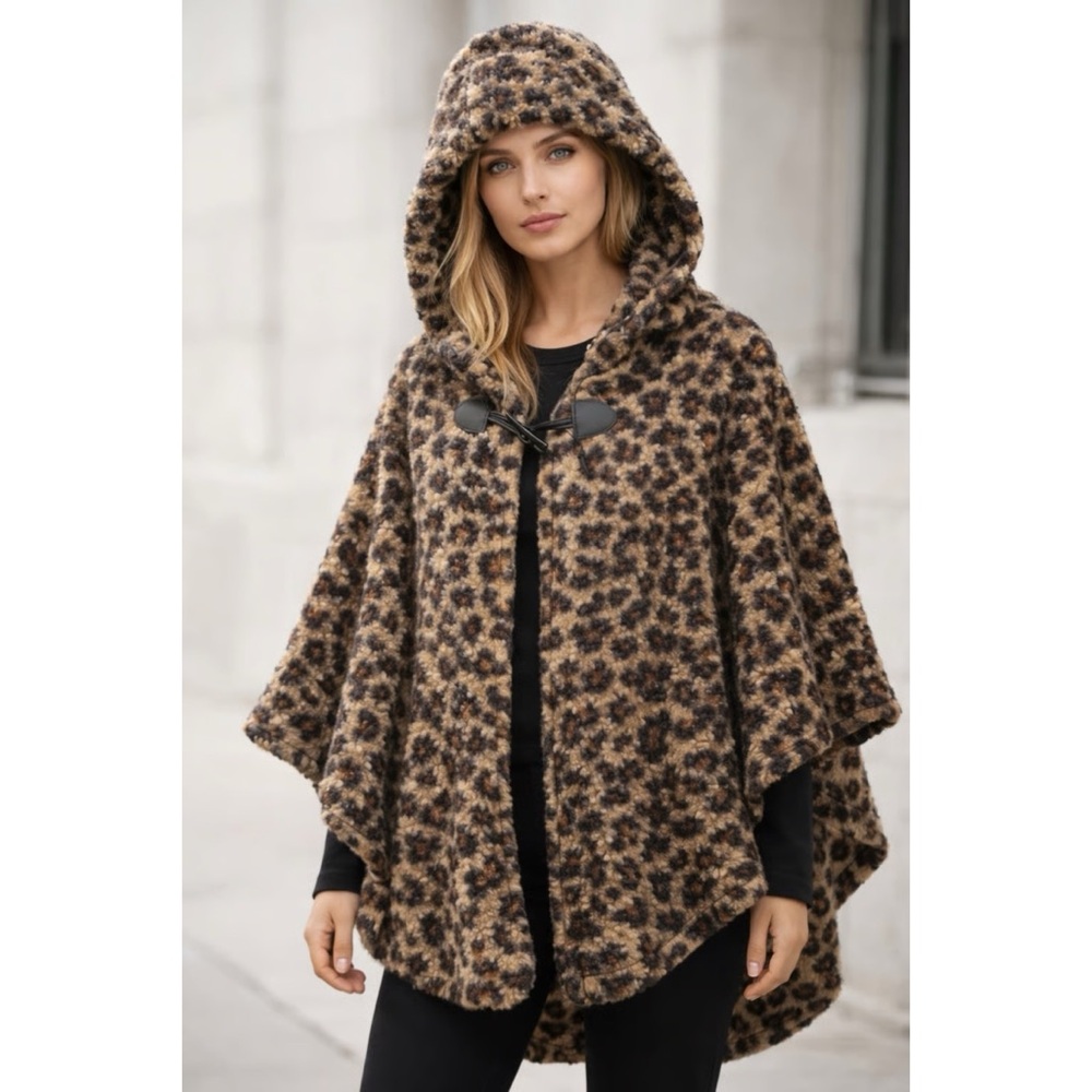 Rachel Zoe Hooded Leopard Print Cape Jacket Fall Winter